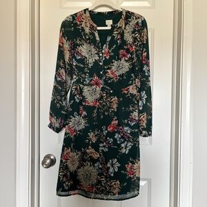 Women's Dark Green Floral Long-Sleeve Dress